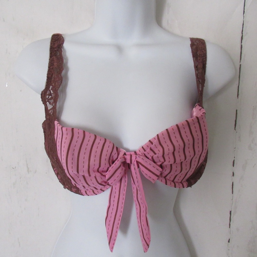 Fredericks of Hollywood Bra 38 Pink Brown Stripe Lace Underwire Back Closure